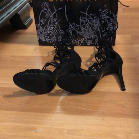 Black Faux Suede Crisscross Lace Up High Heels - Picture 6 of 9